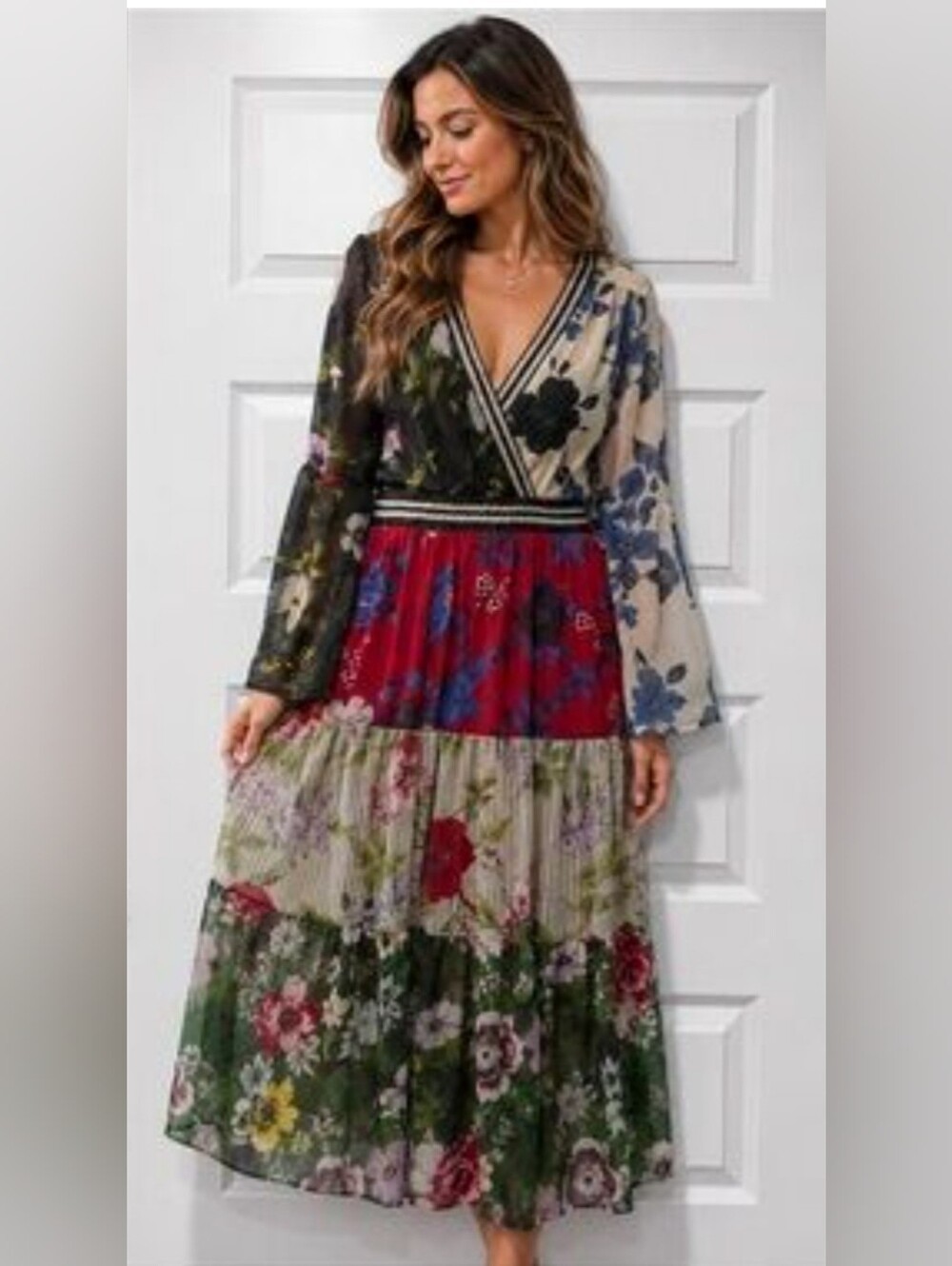 Kaktus lightweight, long-sleeve maxi dress features a multi-patterned patchwork